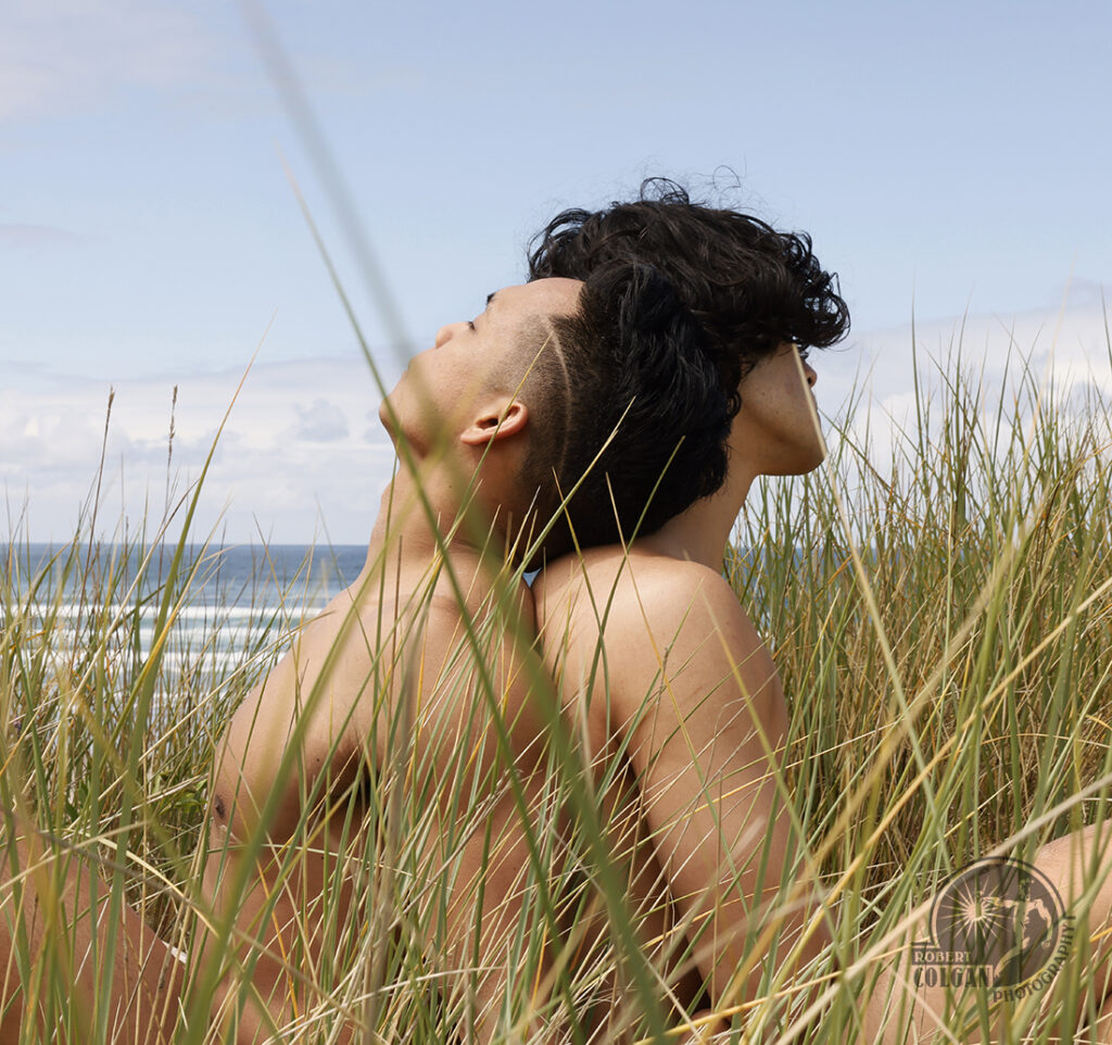 closeup of two men in sea grass